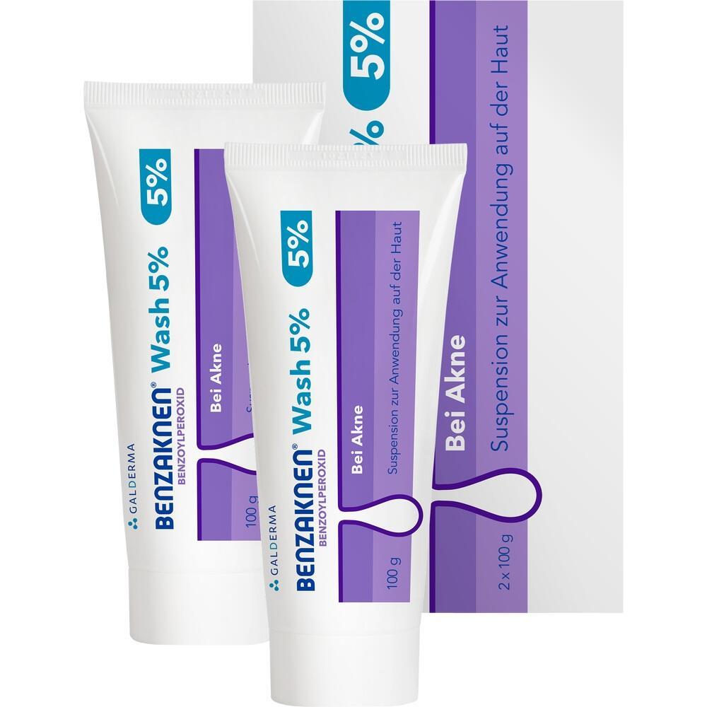 Zwei Tuben Benzaknen Waschgel f&uuml;r Akne auf wei&szlig;em Hintergrund.