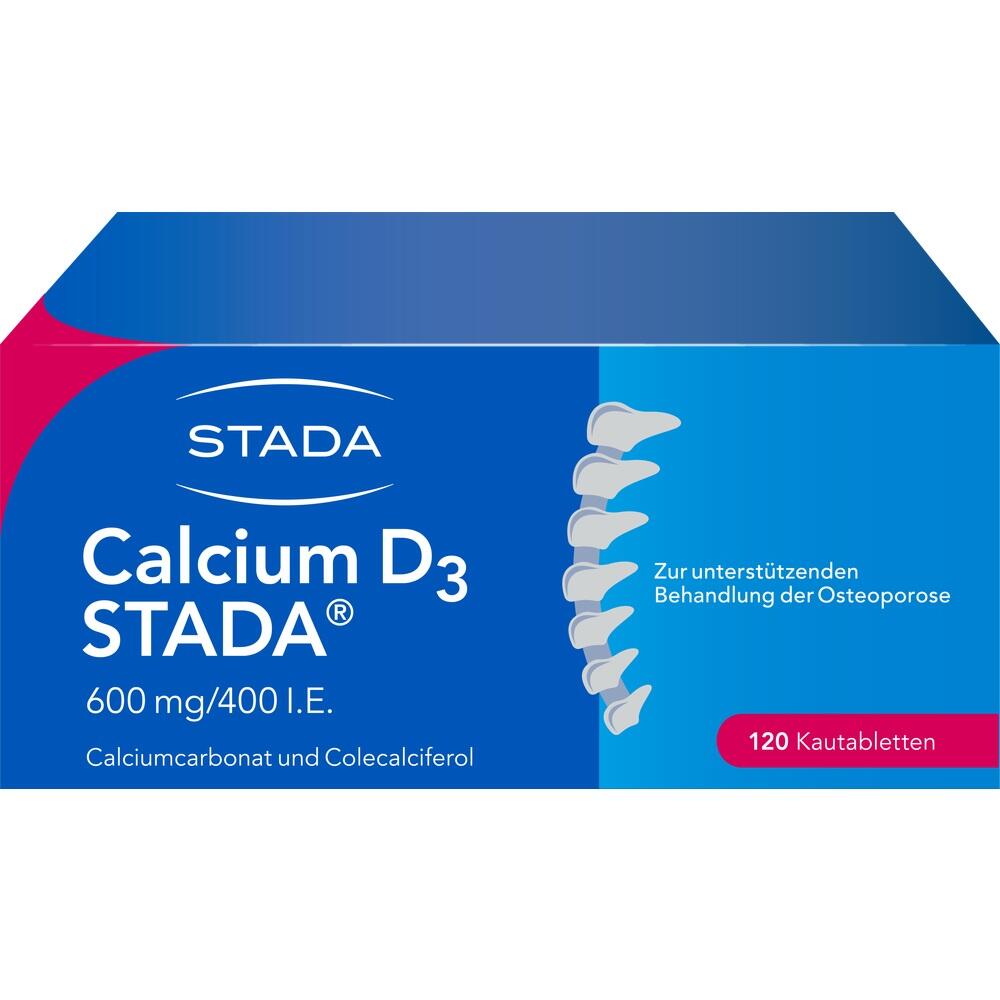 Eine Packung mit 120 Calcium D3 STADA Kautabletten zur Unterst&uuml;tzung bei Osteoporose.
