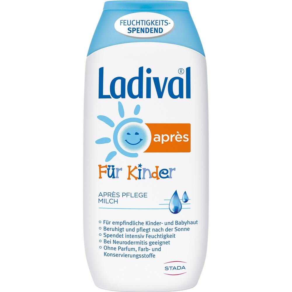 Eine Flasche Apr&egrave;s-Pflegemilch f&uuml;r Kinder von Ladival.