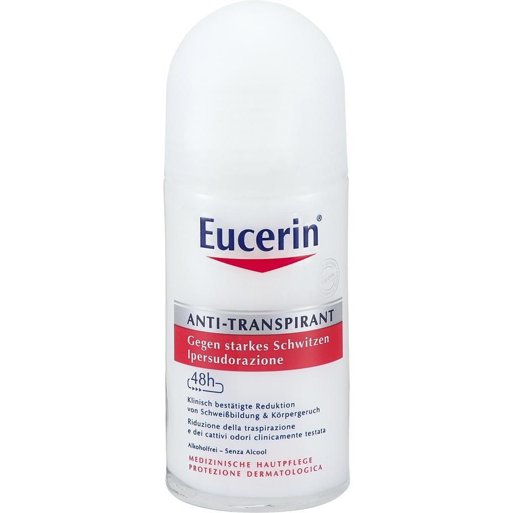 Eine Eucerin Anti-Transpirant-Roll-on-Flasche gegen starkes Schwitzen.