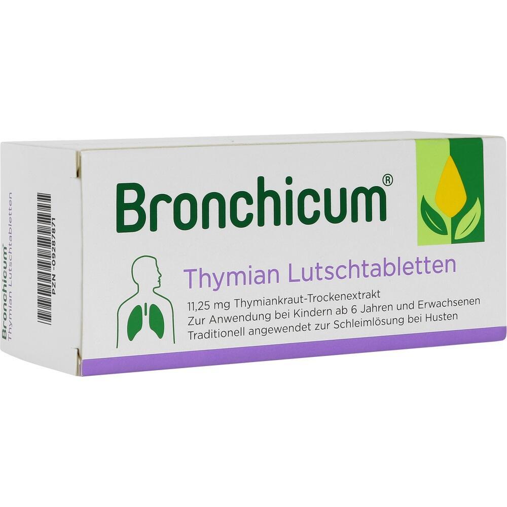 Wei&szlig;e Verpackung von Bronchicum Thymian Lutschtabletten gegen Husten.