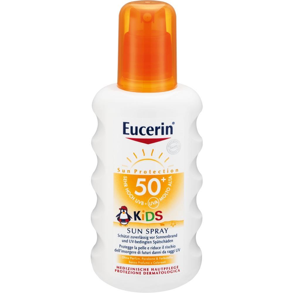 Wei&szlig;e Flasche mit Eucerin Kids Sonnencreme LSF 50+, oranger Spr&uuml;hkopf.