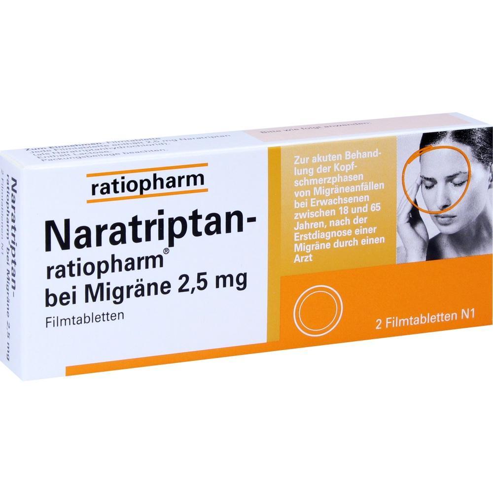 Verpackung von Naratriptan 2,5 mg Tabletten zur Behandlung von Migr&auml;ne.