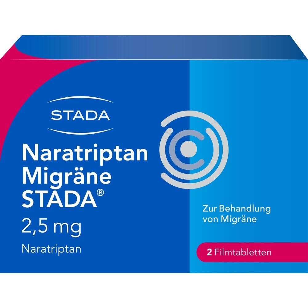 Blaue Medikamentenschachtel mit der Aufschrift "Naratriptan Migr&auml;ne STADA".