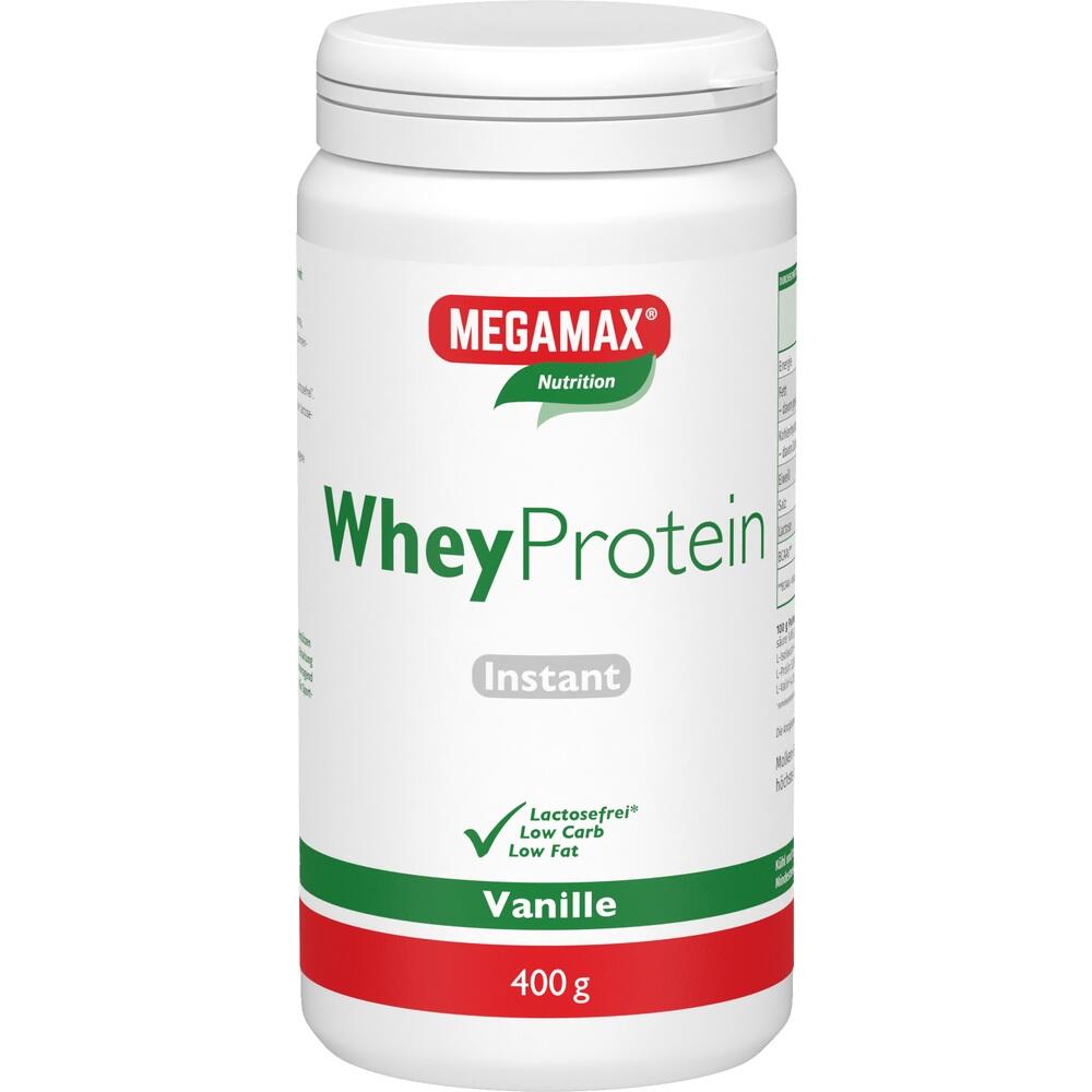 Ein wei&szlig;er Beh&auml;lter mit Whey-Protein-Pulver in Vanille-Geschmack.
