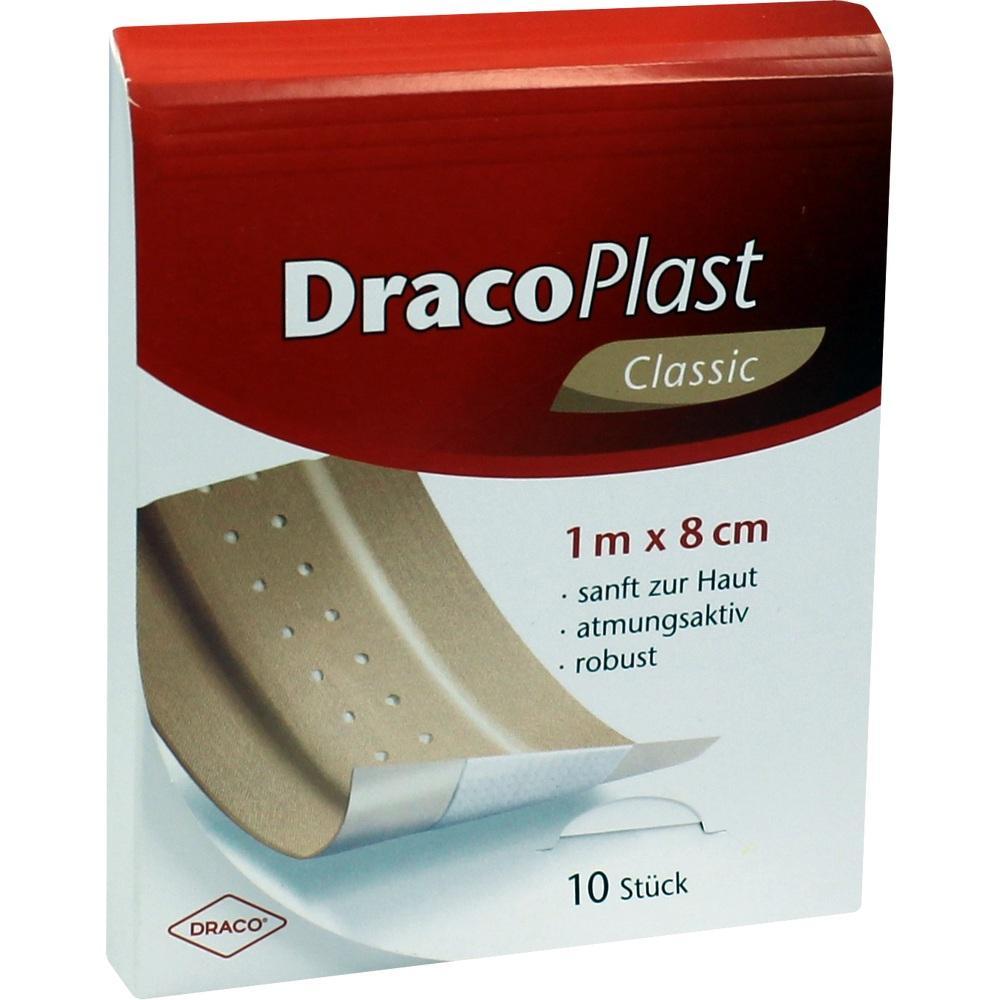 Eine Packung mit 10 Pflastern der Marke DracoPlast Classic, 1 m x 8 cm gro&szlig;.