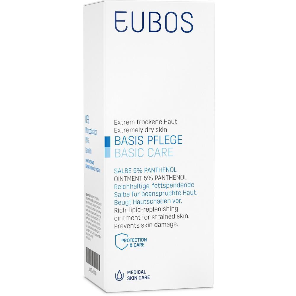 Weiße Verpackung mit der Aufschrift "EUBOS Basis Pflege" für sehr trockene Haut.