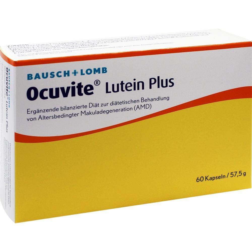 Gelbe Verpackung von Ocuvite Lutein Plus mit 60 Kapseln f&uuml;r die Augengesundheit.