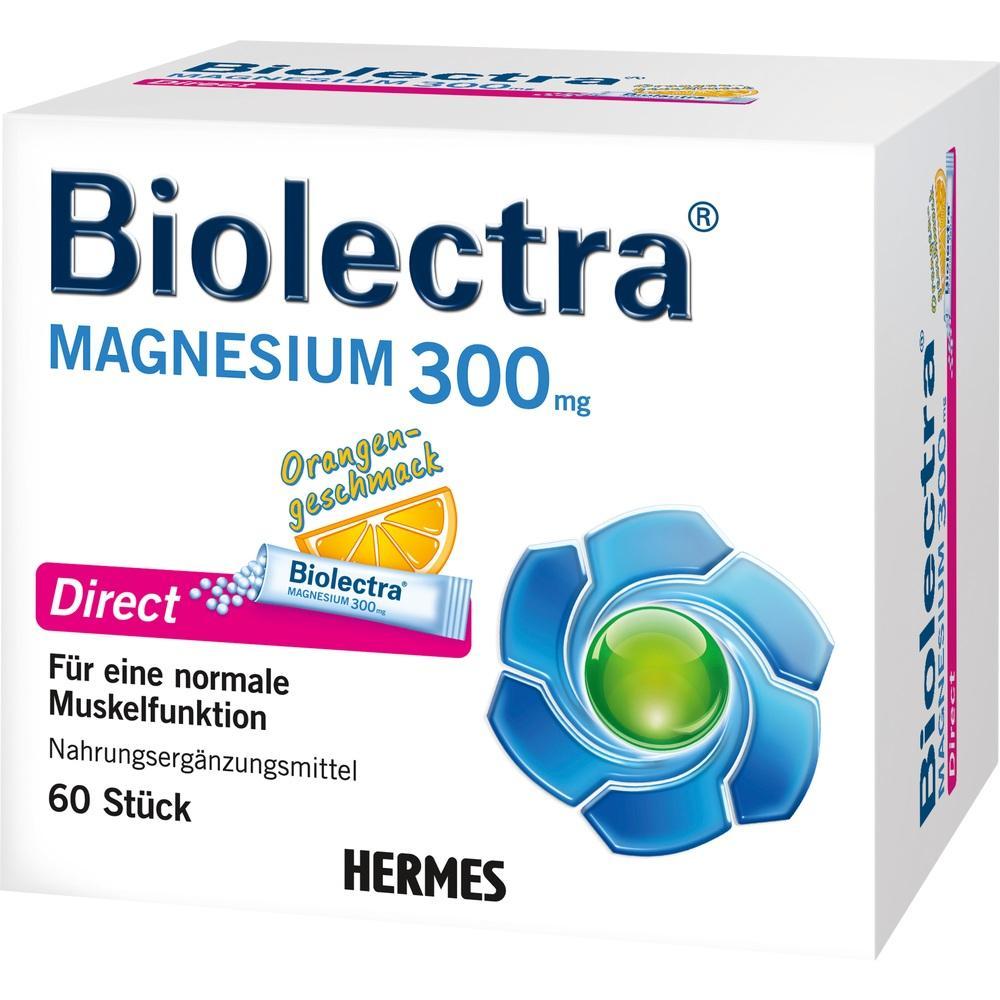 Packung Biolectra Magnesium 300 mg mit Orangengeschmack f&uuml;r die Muskelfunktion.