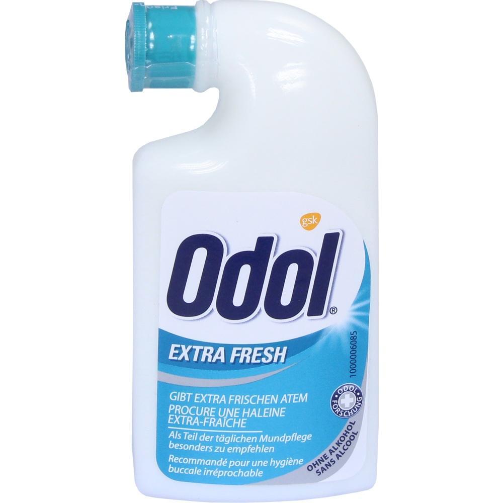 Wei&szlig;e Flasche mit blauer Aufschrift "Odol Extra Fresh" f&uuml;r Mundpflege.