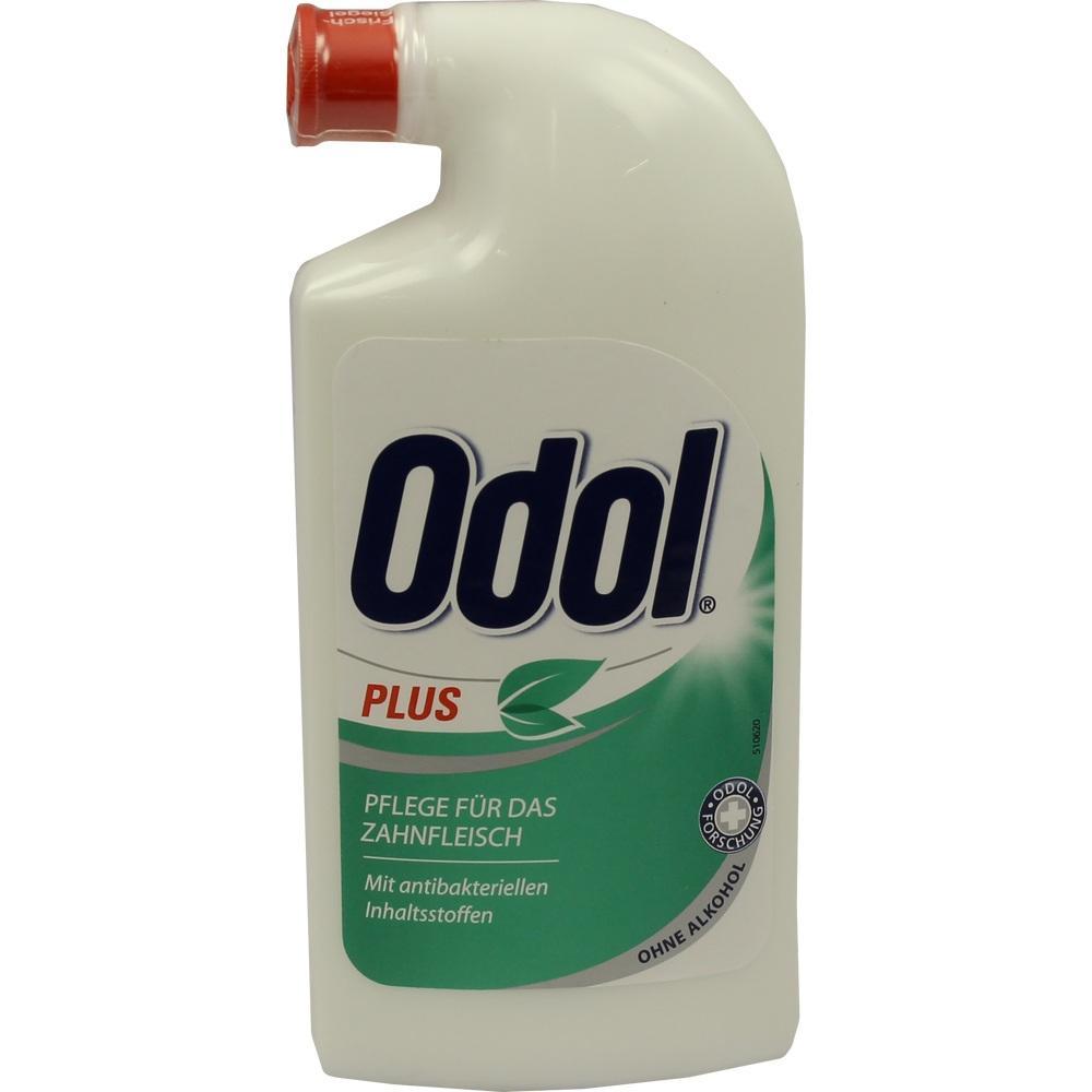 Wei&szlig;e Flasche mit rotem Deckel, Aufschrift "Odol Plus", antibakterielle Mundsp&uuml;lung.