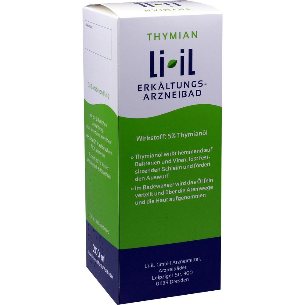 Verpackung eines Erkältungsbads mit Thymianöl für die Badeanwendung.