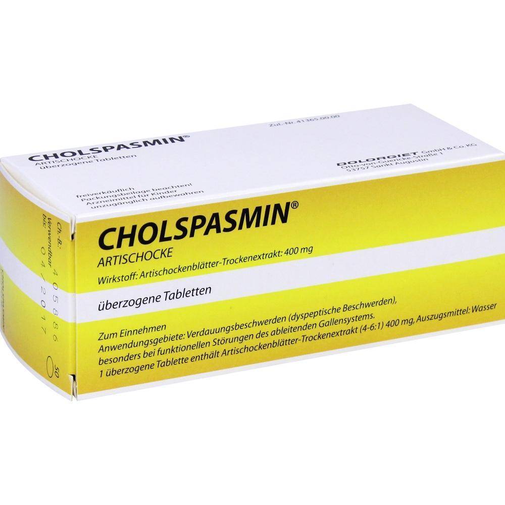 Eine gelb-wei&szlig;e Medikamentenverpackung mit der Aufschrift "Cholspasmin Artischocke".
