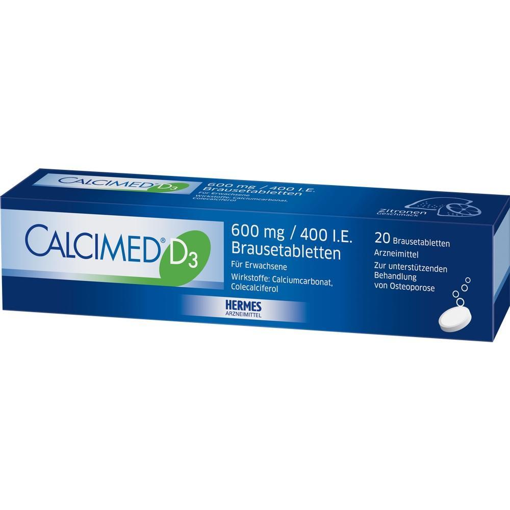 Eine blaue Packung mit Calcium und Vitamin D3 Brausetabletten f&uuml;r Erwachsene.