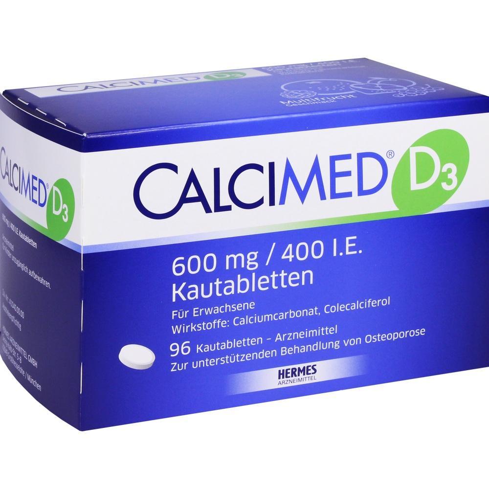 Eine blaue Packung von CalciMed D3 Kautabletten f&uuml;r Erwachsene.
