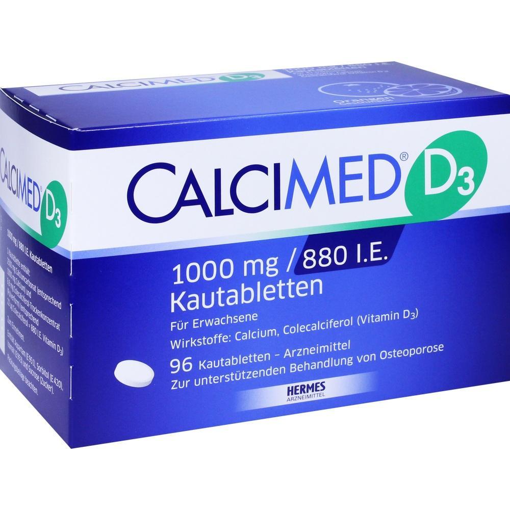 Blaue Packung von CalciMed D3 Kautabletten f&uuml;r Erwachsene mit Calcium und Vitamin D3.