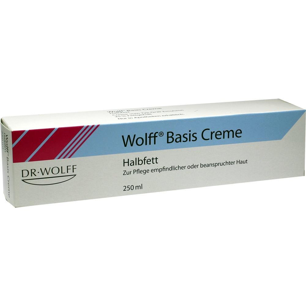 Eine wei&szlig;e Verpackung mit der Aufschrift "Wolff Basis Creme Halbfett".