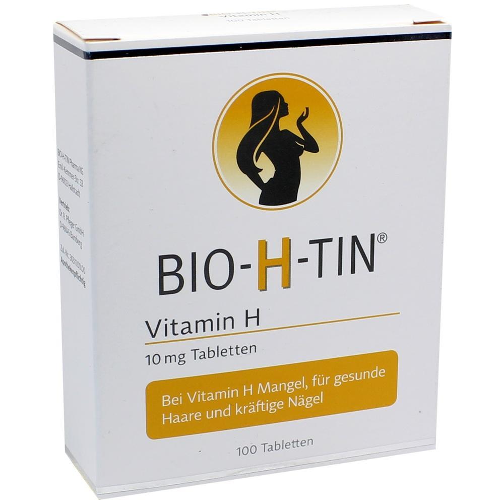 Wei&szlig;e Schachtel mit einer Frauensilhouette und Text &uuml;ber Vitamin H Tabletten f&uuml;r Haare und N&auml;gel.