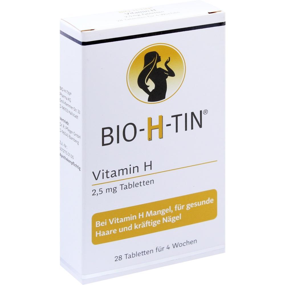 Wei&szlig;e Packung mit BIO-H-TIN Vitamin H Tabletten f&uuml;r Haare und N&auml;gel.