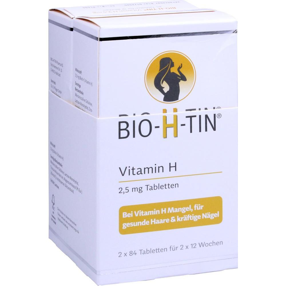 Wei&szlig;e Verpackung mit "Vitamin H"-Tabletten f&uuml;r gesunde Haare und N&auml;gel.