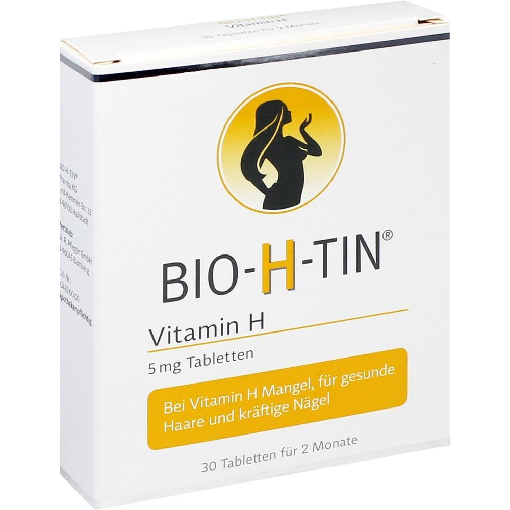 Eine Packung BIO-H-TIN Vitamin H Tabletten f&uuml;r Haare und N&auml;gel.
