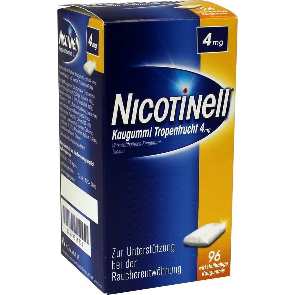 Schachtel mit Nicotinell Tropenfrucht-Kaugummi zur Raucherentw&ouml;hnung, 96 St&uuml;ck, 4 mg Nikotin.