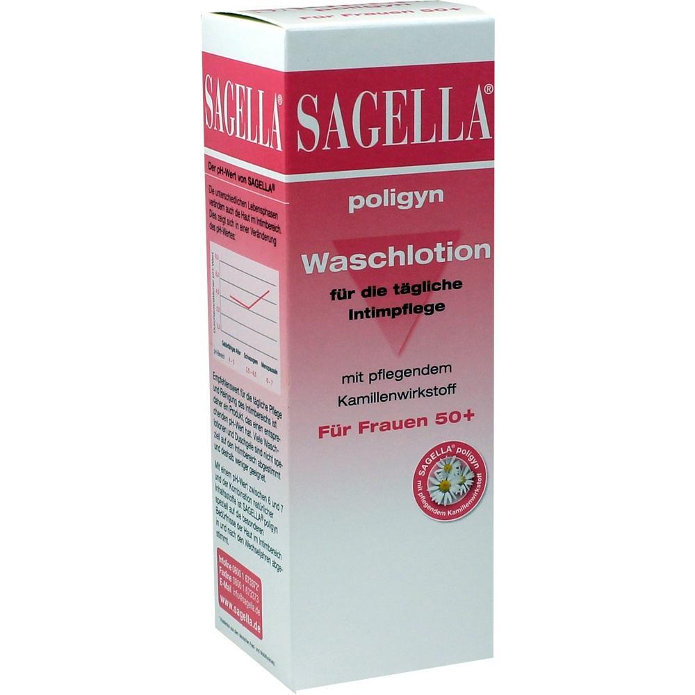 Wei&szlig;e Packung mit Aufschrift "Sagella Waschlotion f&uuml;r Frauen 50+".