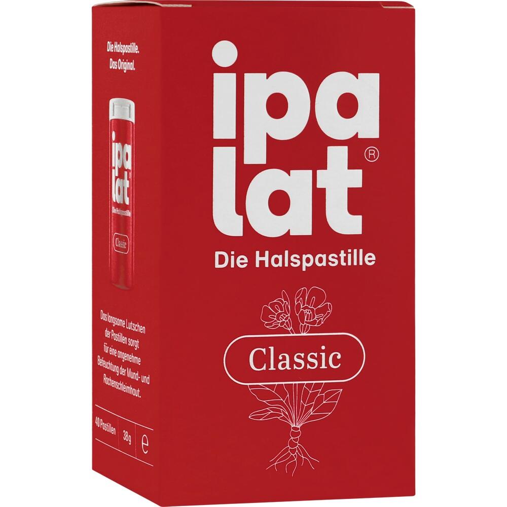 Rote Packung mit der Aufschrift "ipalat Die Halspastille Classic".