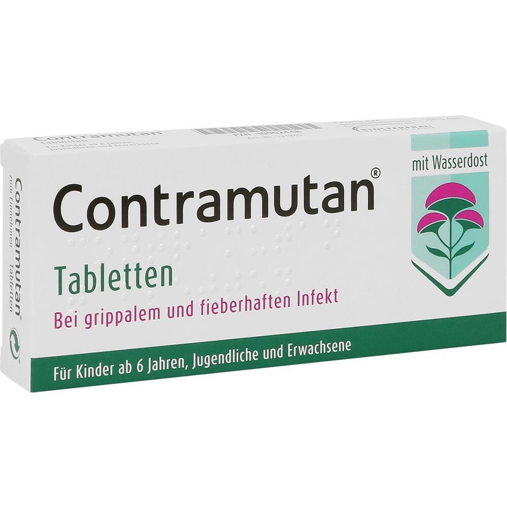 Eine Packung Contramutan Tabletten zur Behandlung von Erk&auml;ltung und Fieber.
