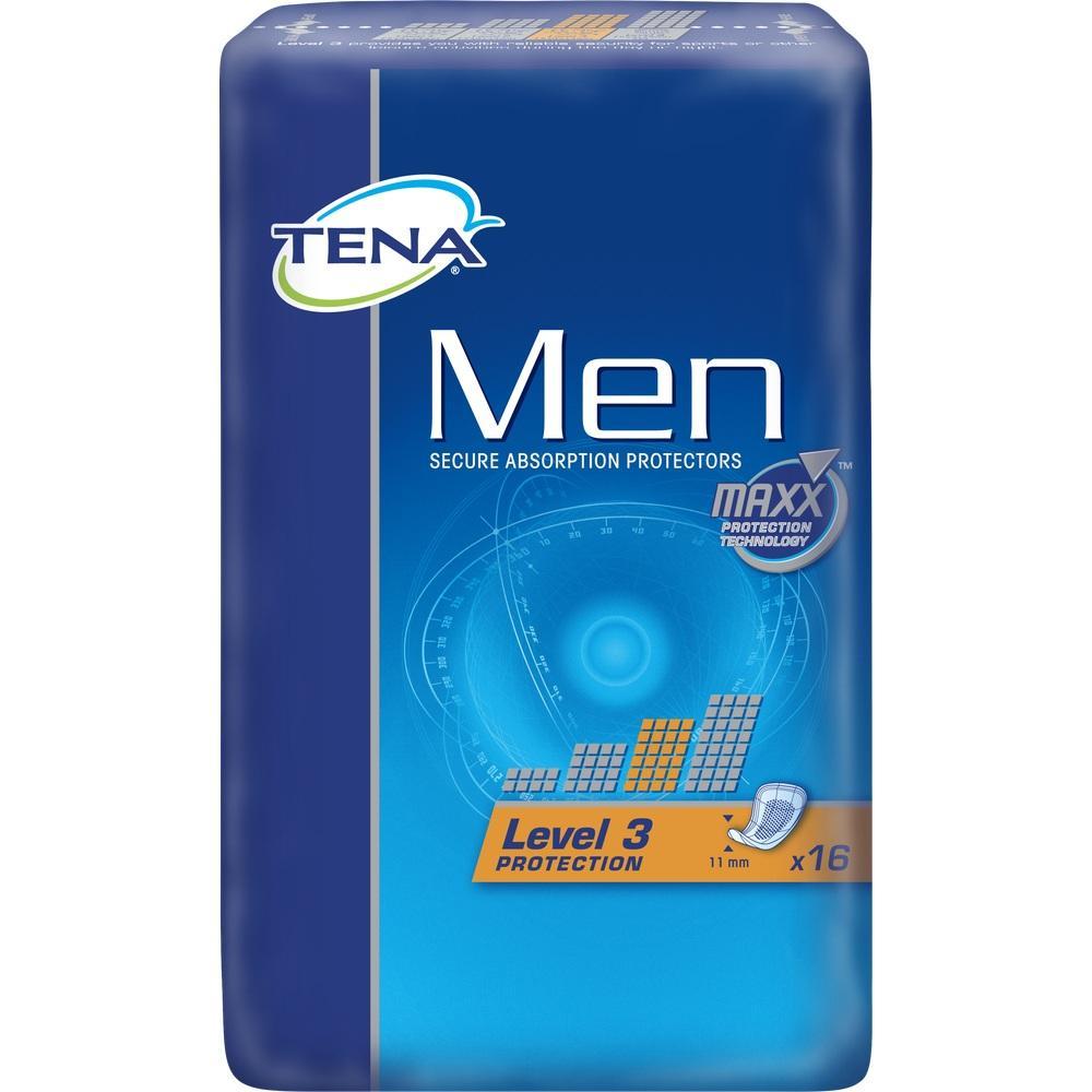 Eine blaue Packung TENA Men Inkontinenzeinlagen mit Level 3 Schutz.
