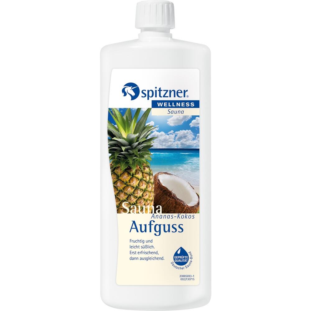 Wei&szlig;e Flasche mit Ananas-Kokos-Saunaaufguss auf Strandhintergrund.