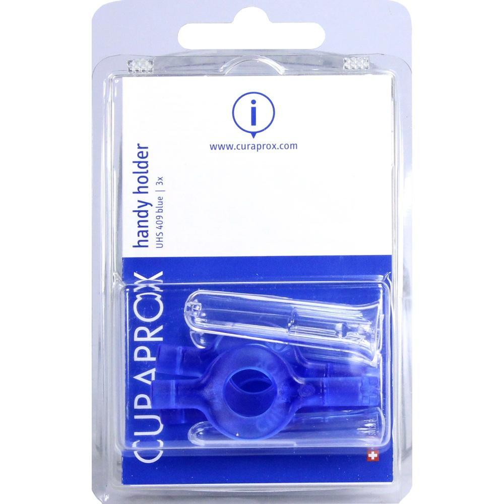 Blisterverpackung mit blauem Halter f&uuml;r Zahnzwischenraumb&uuml;rsten von Curaprox.