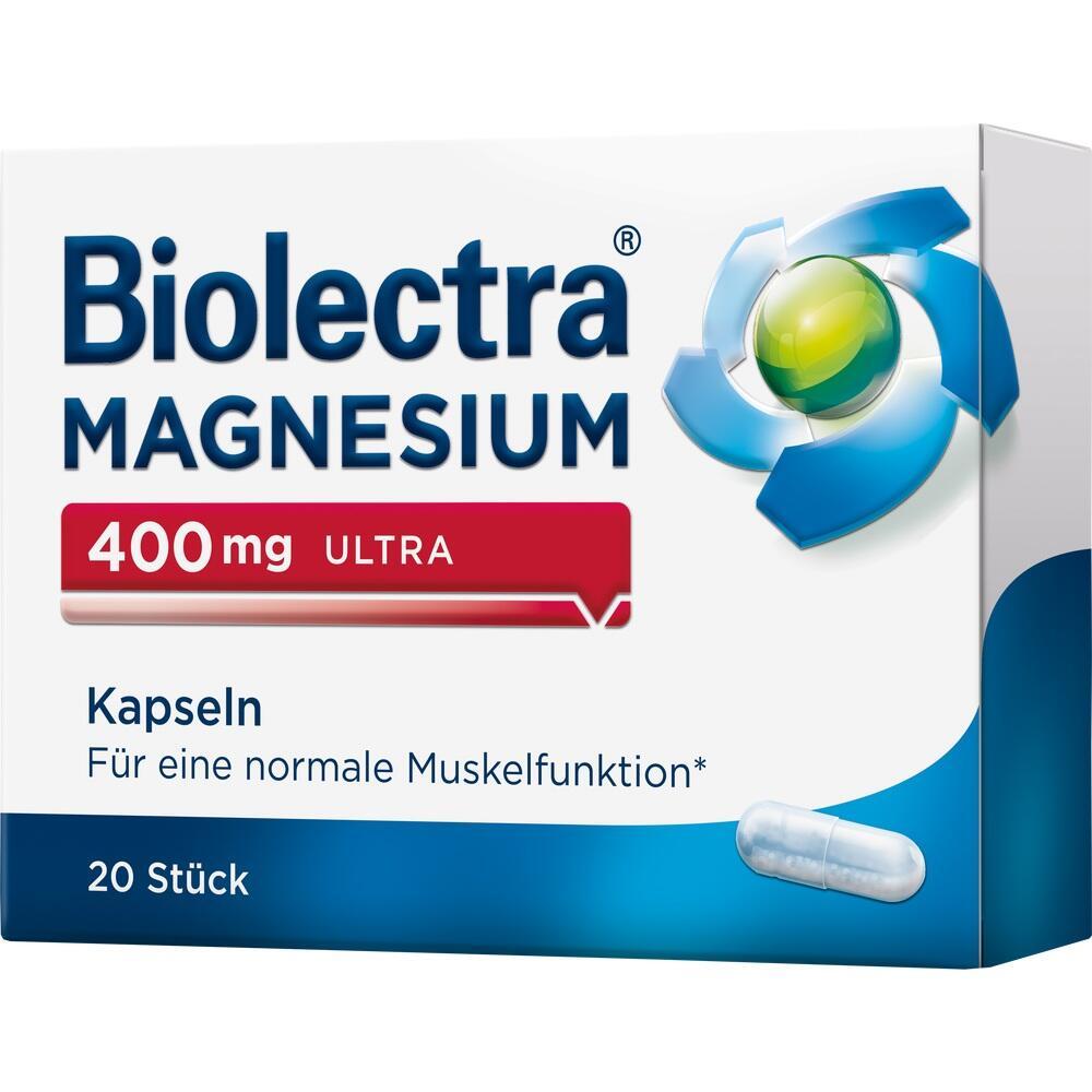 Verpackung von Biolectra Magnesium 400 mg Kapseln f&uuml;r Muskelfunktion, 20 St&uuml;ck.