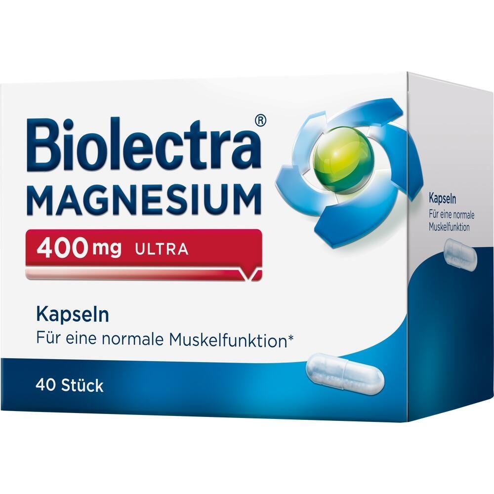 Wei&szlig;e Packung Biolectra Magnesium 400 mg mit 40 Kapseln f&uuml;r Muskelunterst&uuml;tzung.