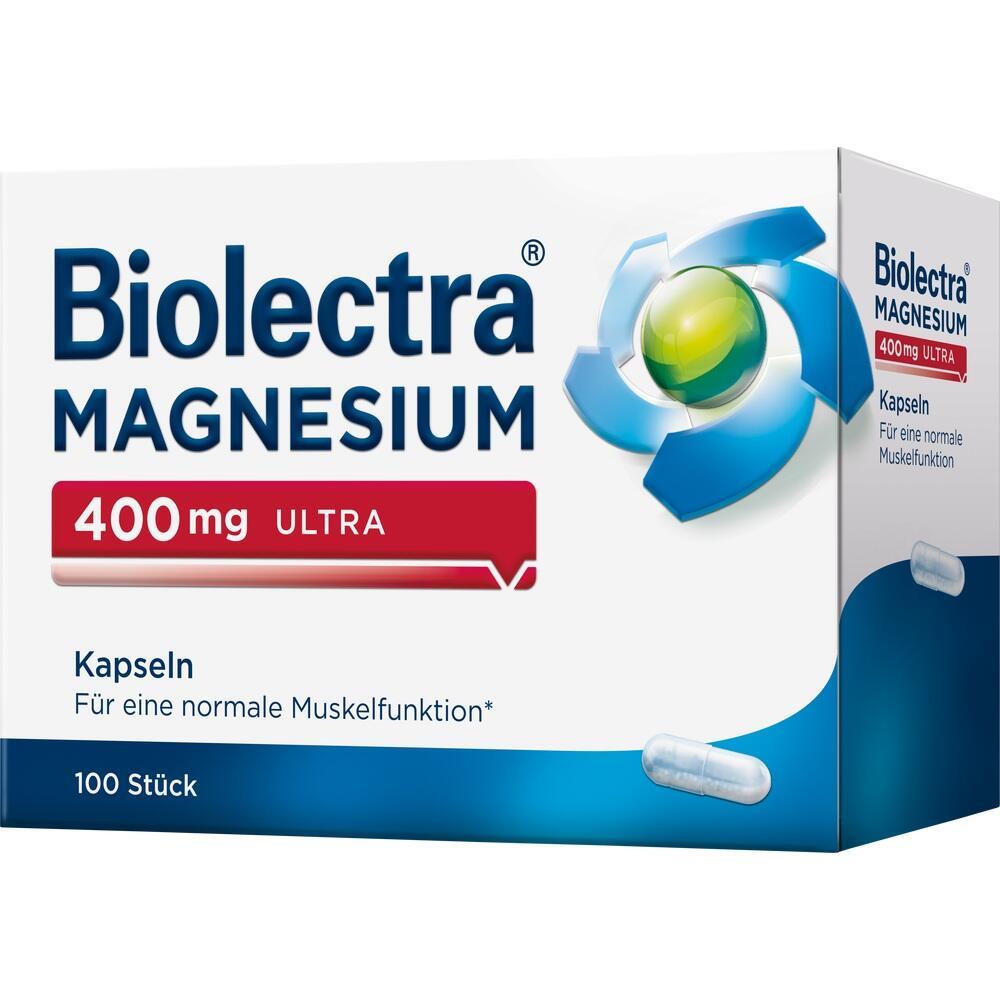 Wei&szlig;e Box f&uuml;r Biolectra Magnesium 400mg Kapseln zur Unterst&uuml;tzung der Muskelfunktion.