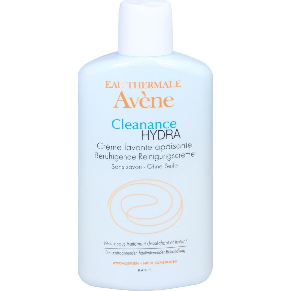 Wei&szlig;e Flasche mit einem Produkt namens Av&egrave;ne Cleanance Hydra, eine beruhigende Reinigungscreme.