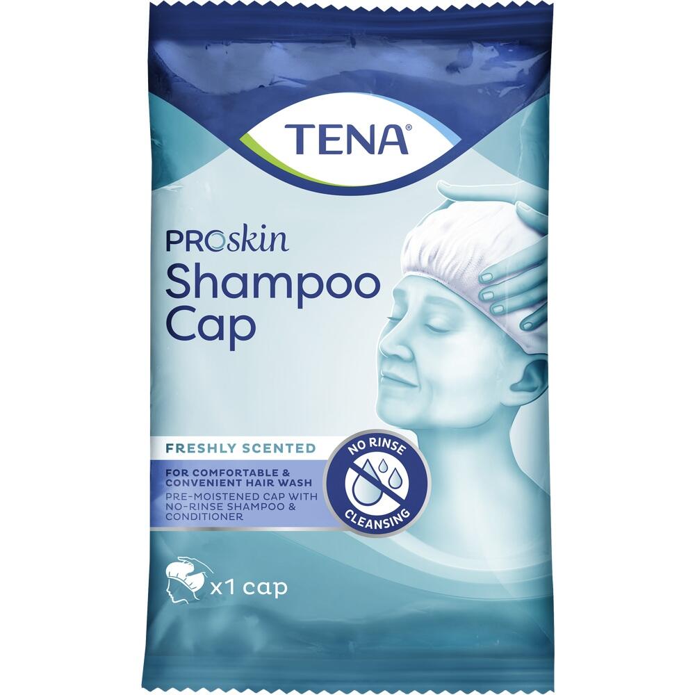 Eine Verpackung f&uuml;r eine Einweg-Shampoohaube von Tena.