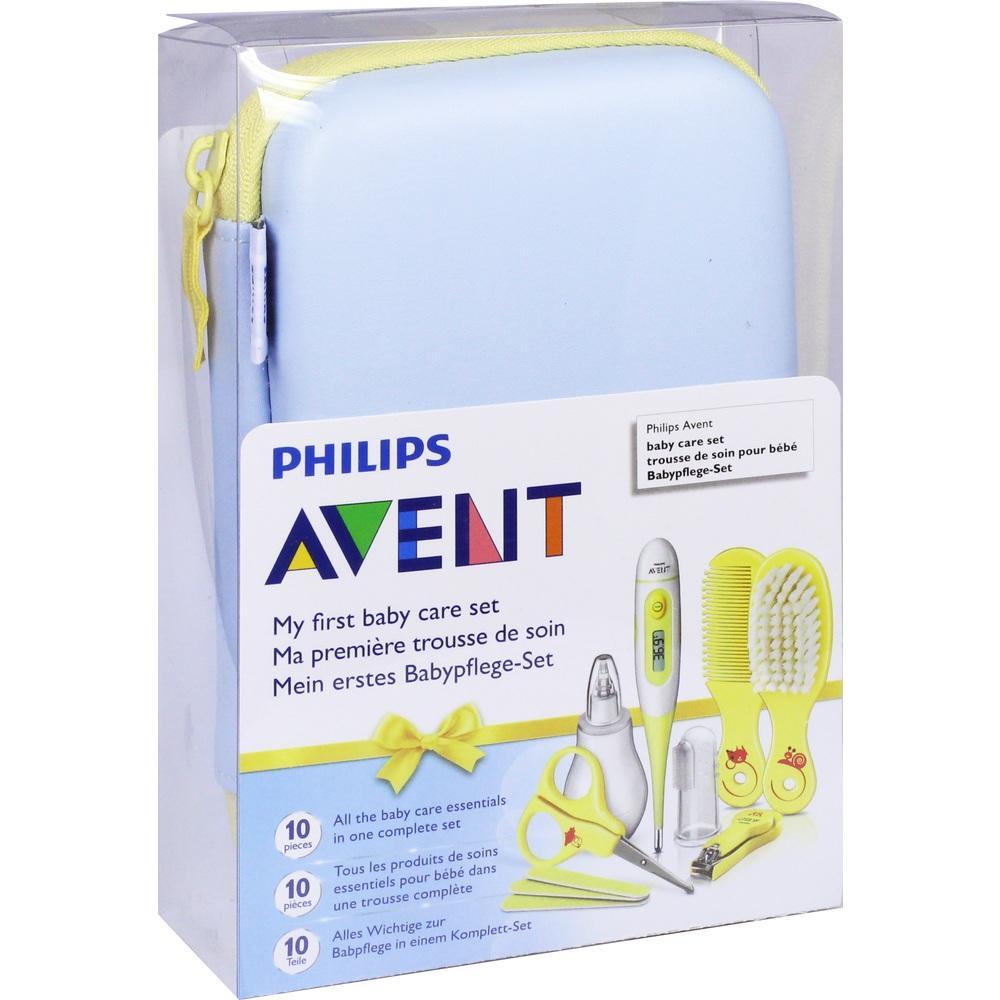 Ein blaues Baby-Pflegeset von Philips Avent mit 10 Teilen in einer Box.