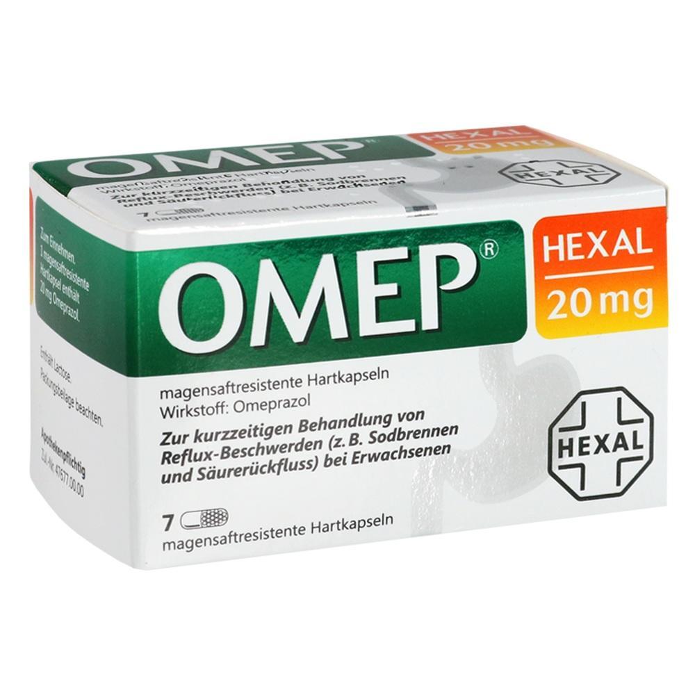 Eine Verpackung von magensaftresistenten Hartkapseln OMEP Hexal 20 mg f&uuml;r Erwachsene.