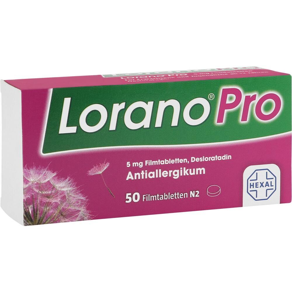 Eine Packung Lorano Pro Tabletten gegen Allergien mit 50 Filmtabletten.