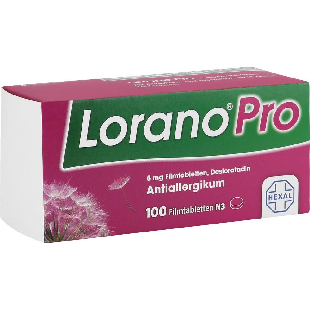 Packung Lorano Pro Tabletten gegen Allergien mit 100 Filmtabletten.