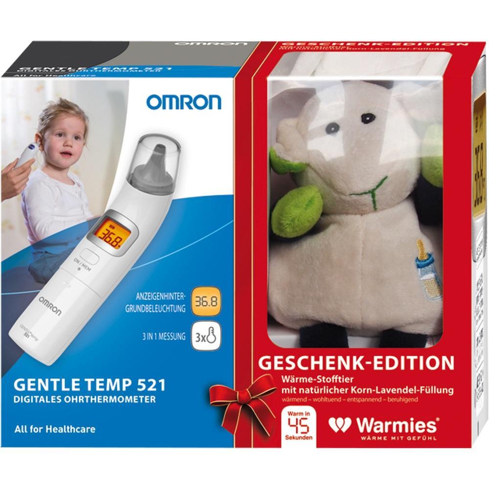 Packung mit Ohrthermometer und W&auml;rmestofftier als Geschenkset.