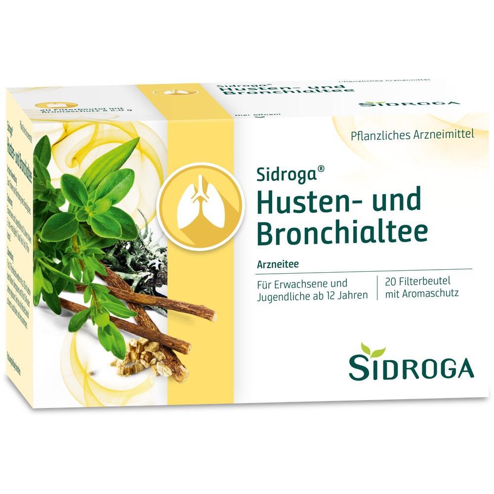 Verpackung von Sidroga Husten- und Bronchialtee mit Kr&auml;utern auf der Vorderseite.