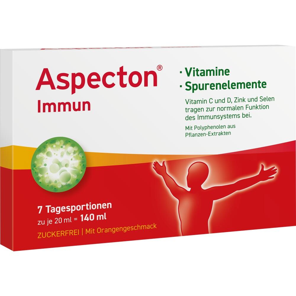 Verpackung von Aspecton Immun mit Orangengeschmack f&uuml;r Erwachsene und Kinder ab 12 Jahre.