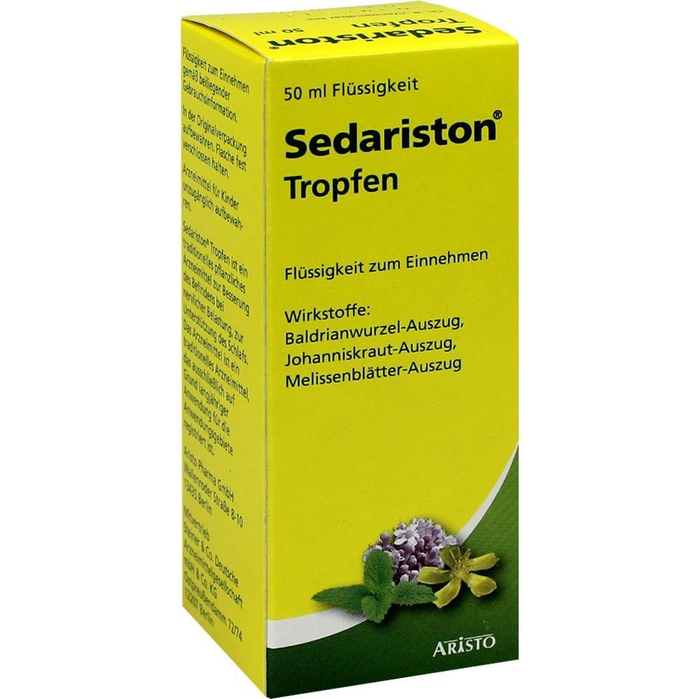 Gelbe Packung von Sedariston Tropfen mit pflanzlichen Inhaltsstoffen.