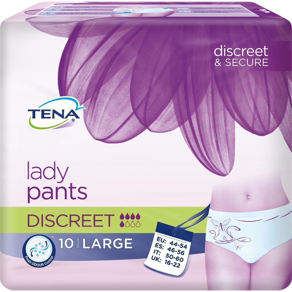 Verpackung von TENA Lady Pants in Gr&ouml;&szlig;e Large mit lila Blumenmotiv.