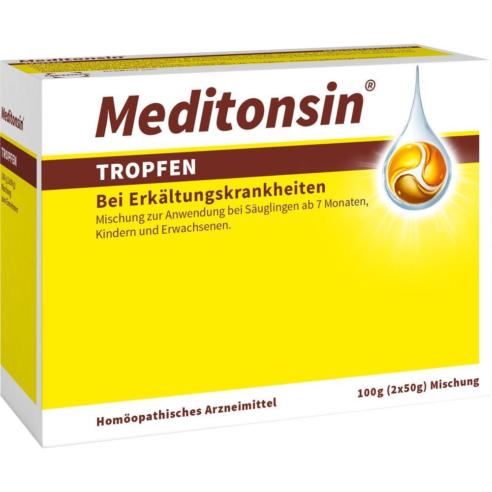 Gelbe Packung Meditonsin-Tropfen zur Behandlung von Erk&auml;ltungen.