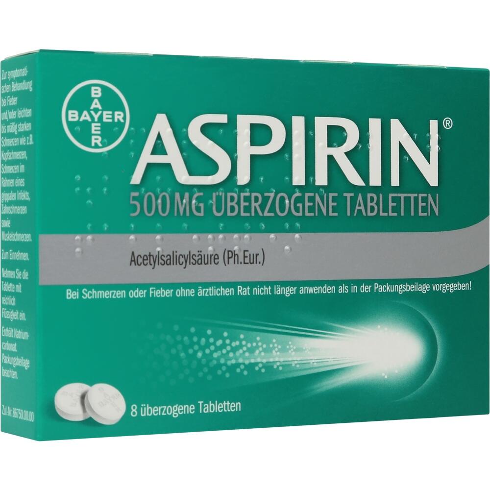Gr&uuml;ne Aspirin-Packung mit 500 mg &uuml;berzogene Tabletten von Bayer.