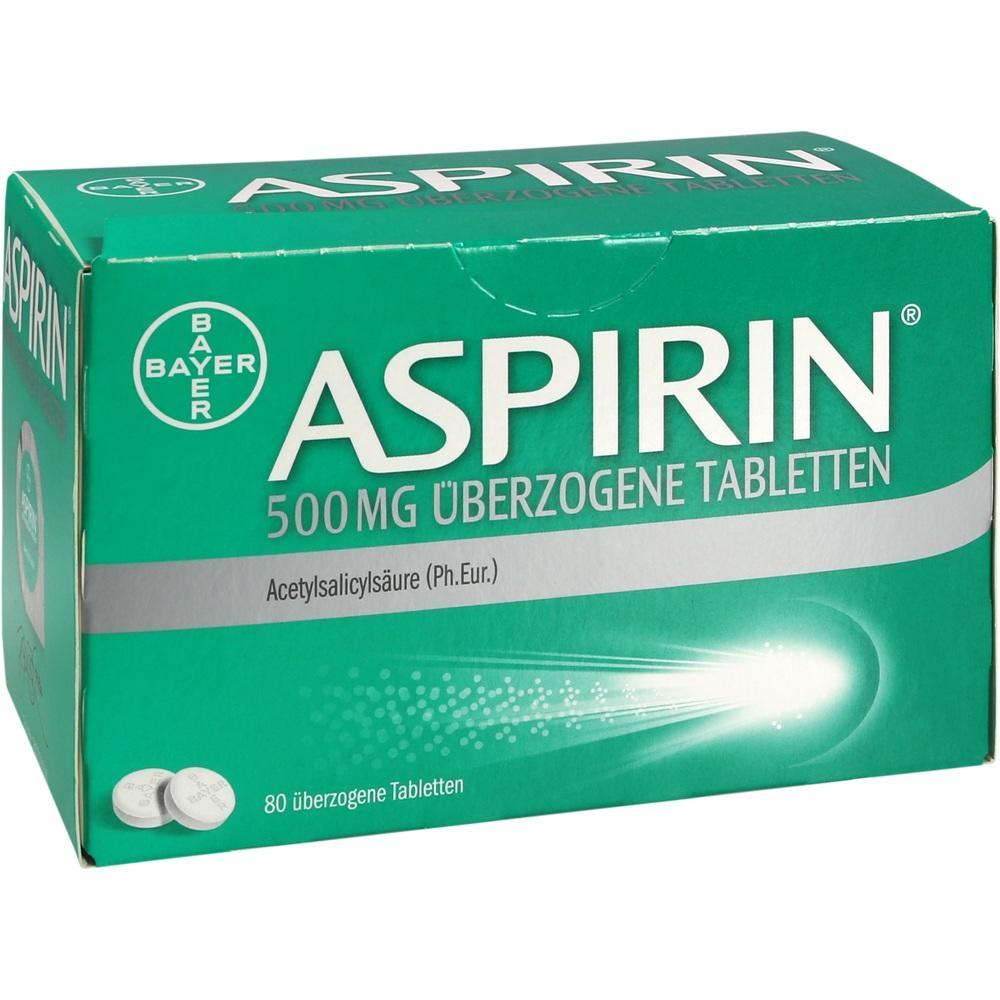Gr&uuml;ne Packung mit 500 mg Aspirin Tabletten von Bayer.