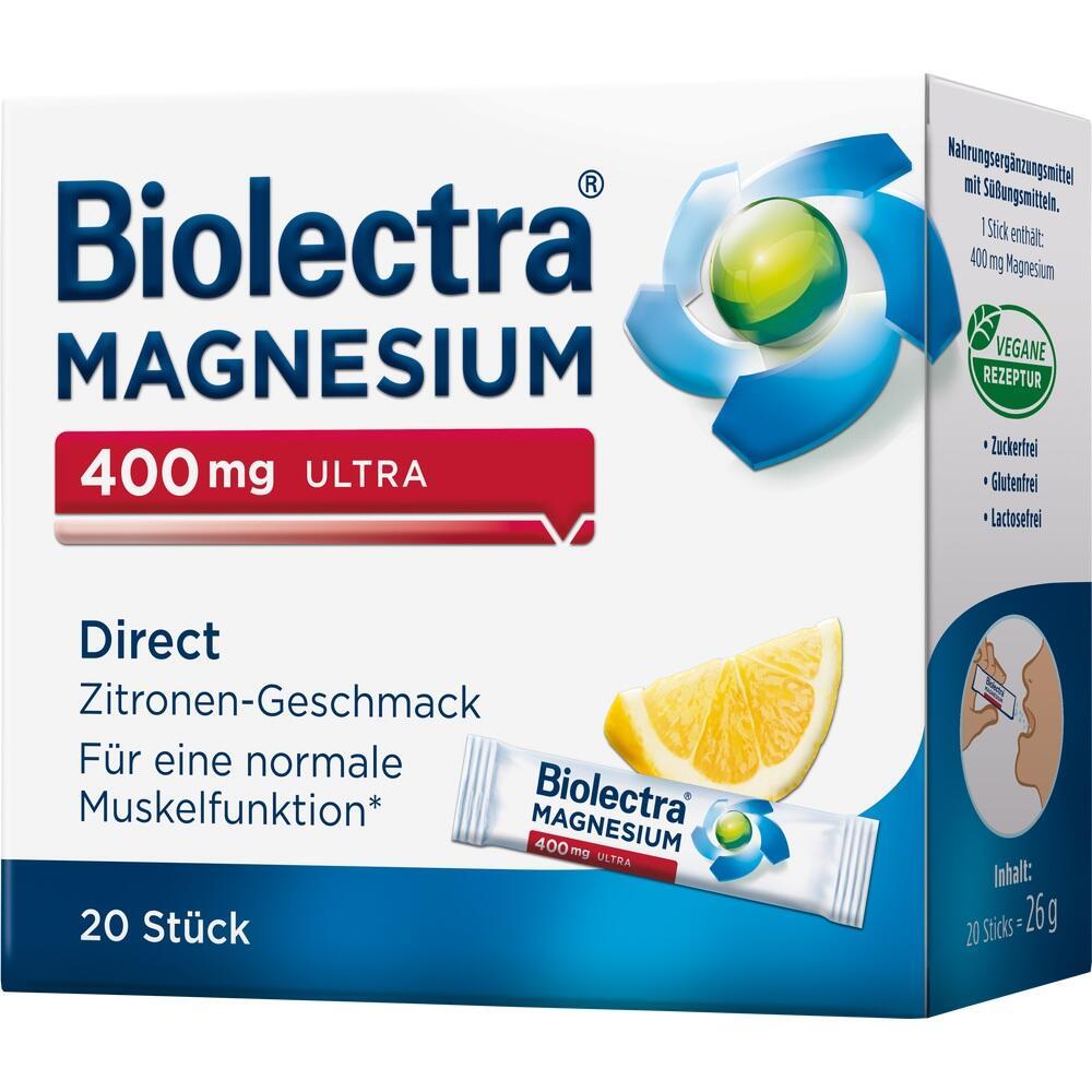 Wei&szlig;e Verpackung von Biolectra Magnesium mit Zitronengeschmack, 20 Sticks &agrave; 400 mg.